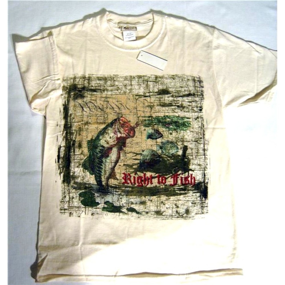 RIGHT TO FISH T Shirt Men's Medium Beige Trout  American Tradition Cotton